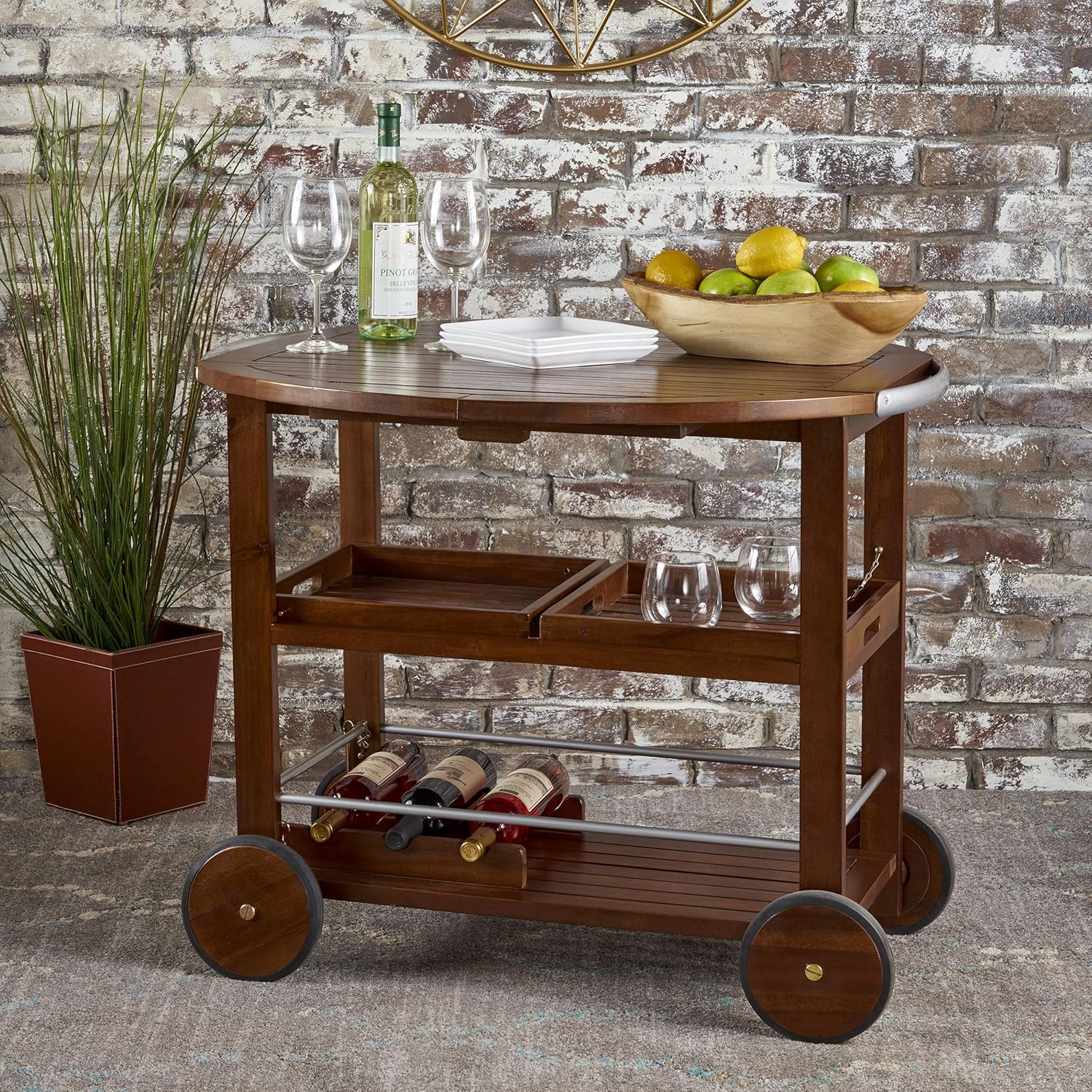 Christopher Knight Home Cynthia Indoor Farmhouse Cottage Acacia Wood Bar Cart, Dark Oak / Shiny Powder Coating