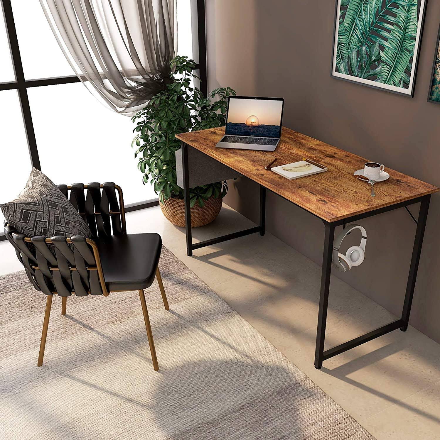 CubiCubi Study Computer Desk 55x22 Home Office Writing Small Desk, Modern Simple Style PC Table, Black Metal Frame, Rustic Brown