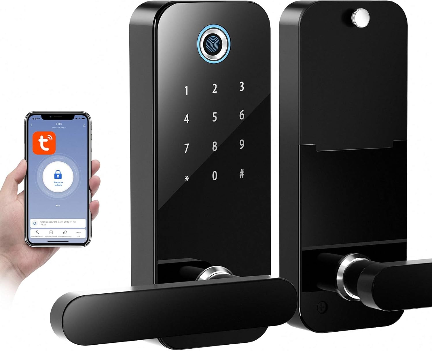 SmartCoolous Tuya Smart Lock Fingerprint Door Lock 4-in-1 Unlock Touch Screen Bluetooth APP Keyless Entry Door Lock for Home Office Hotel Apartment Compatible with Alexa Pack of 2