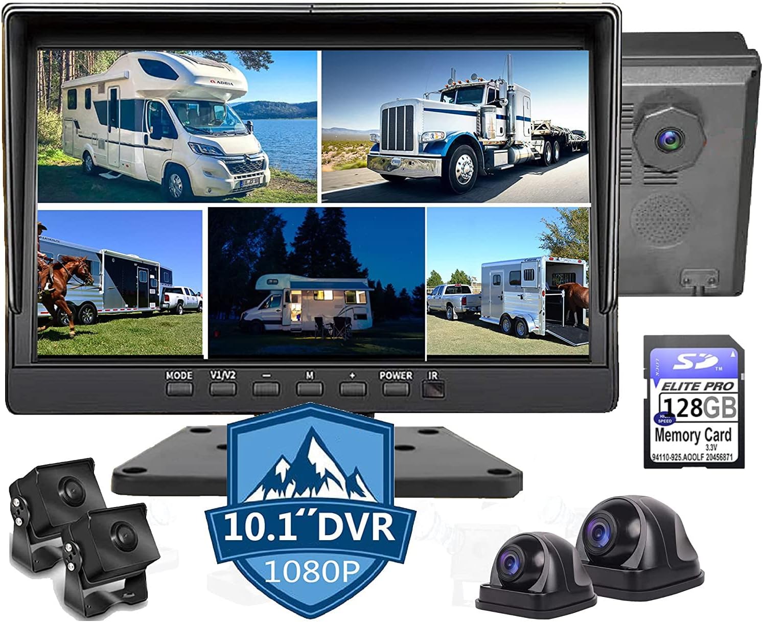 5 Split Large 10.1 inch 1080P Screen Backup Camera Monitor & Built-in 128GB DVR Video Sound Recorder for RV Truck Trailer Rear Side Front Reversing View Wired System Image Waterproof Avoid Blind Spot