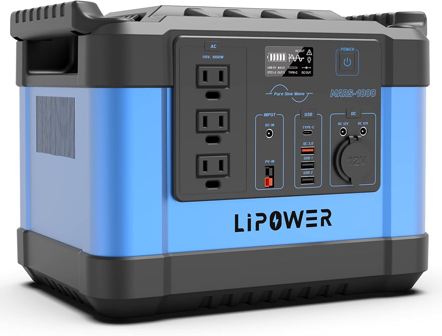 Portable Power Station 1000W(1100Wh/300000mAh), LIPOWER Solar Generator Backup Power Supply for Home, Outdoors Camping Travel, Emergency Battery with 3 110V Pure Sine Wave AC Outlet (Blue)