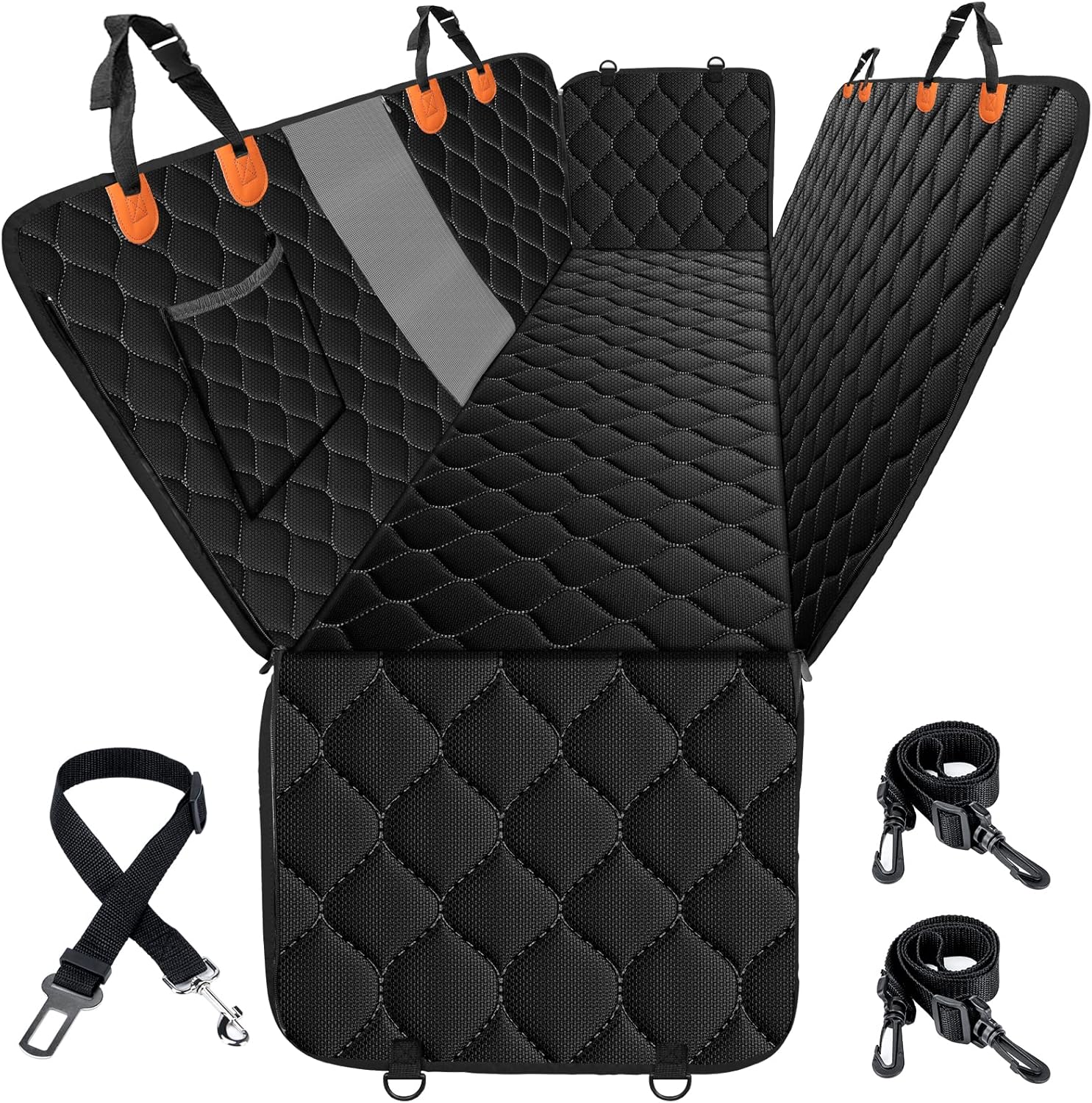 MIXJOY Upgraded 4-in-1 Dog Car Seat Cover, Scratchproof Car Seat Covers for Dogs with Mesh Window, Pet Dog Hammock for Car with Storage Pockets, Washable Back Seat Dog Cover for Car, Trucks and SUVs