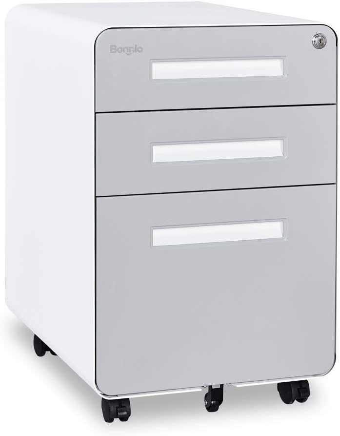 Bonnlo 3 Drawer Mobile File Cabinet with Lock, Metal, Rolling Under Desk File Cabinet with Round Corner, Office Drawer Under Desk, Fully Assembled Except Casters, Black&White, 24&rdquo; H