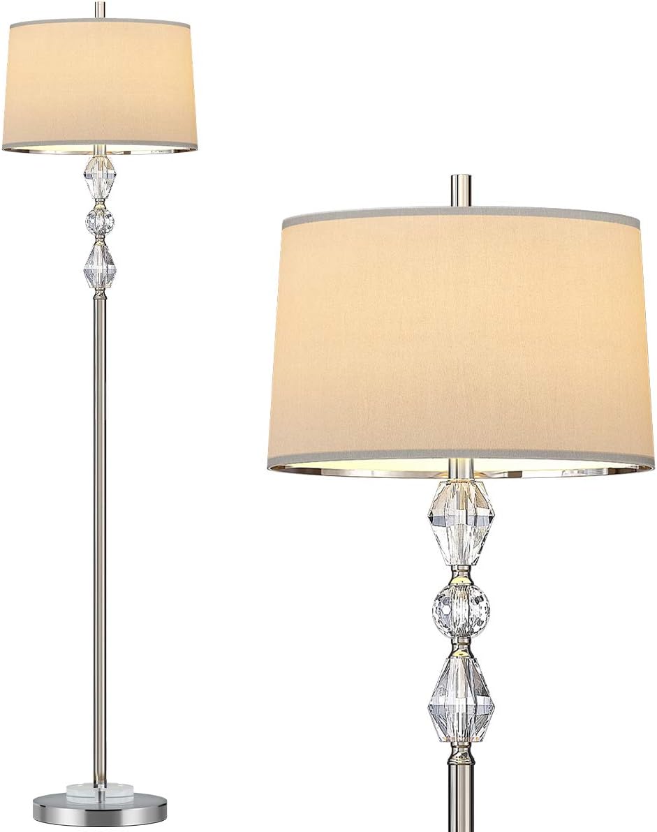 OYEARS Floor Lamp for Living Room Modern 62&rdquo; Crystal Stacked Ball Floor Lamp Bedroom Reading Polished Steel Chrome White Fabric Shade Silver