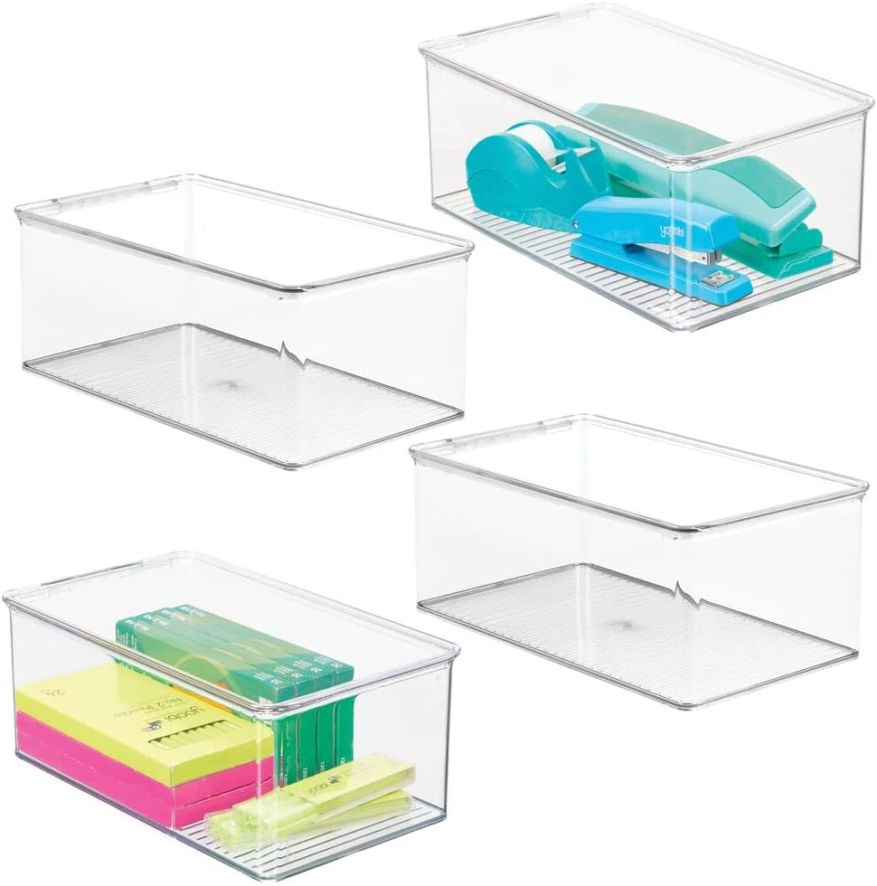 mDesign Plastic Stackable Box for Home, Office Supplies Storage Organizer with Attached Hinged Lid - Holder Container Bin for Note Pads, Gel Pens, Staples, Dry Erase Markers, Tape - 4 Pack - Clear Pack of 2