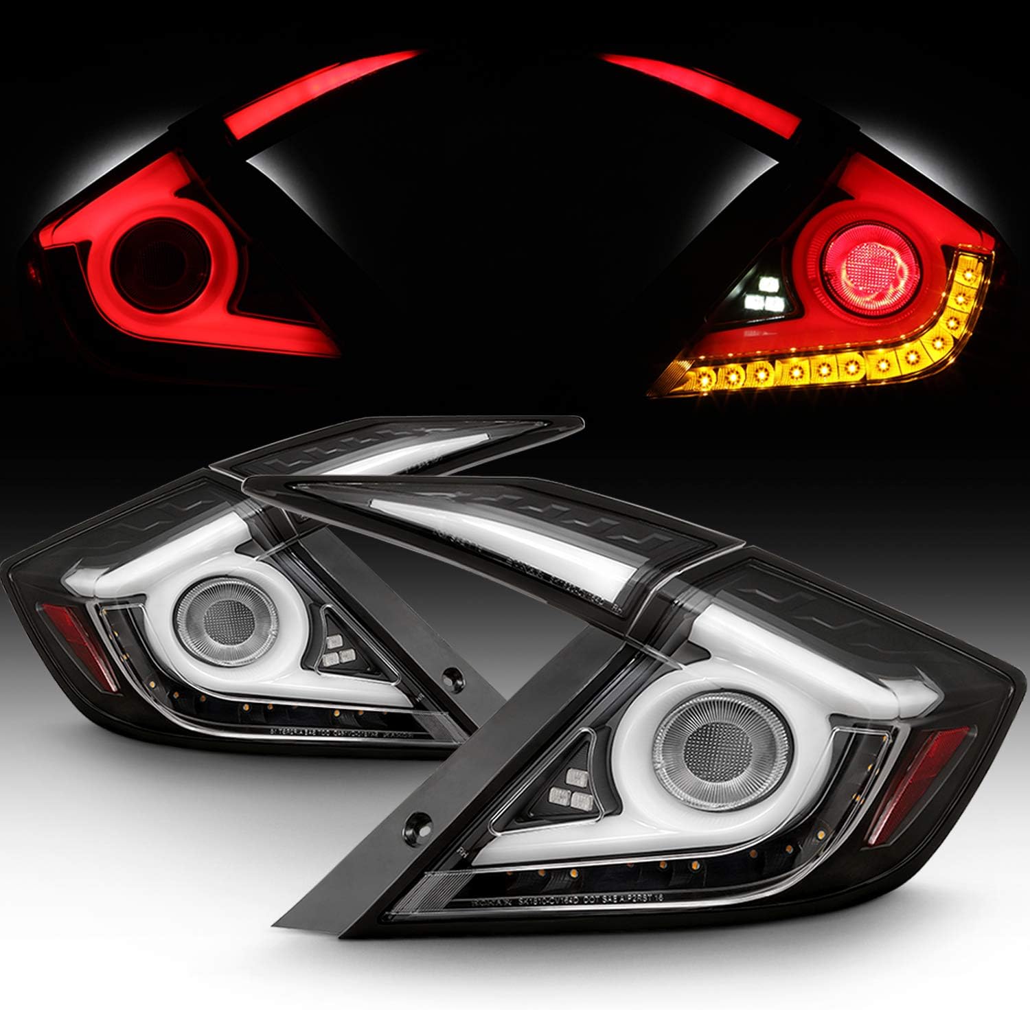 AKKON - Fits 2016-2021 Honda Civic Sedan Black Smoked Lumiled LED Tube Tail Brake Lamp Pair w/Led Sequentail Amber Signal Pair