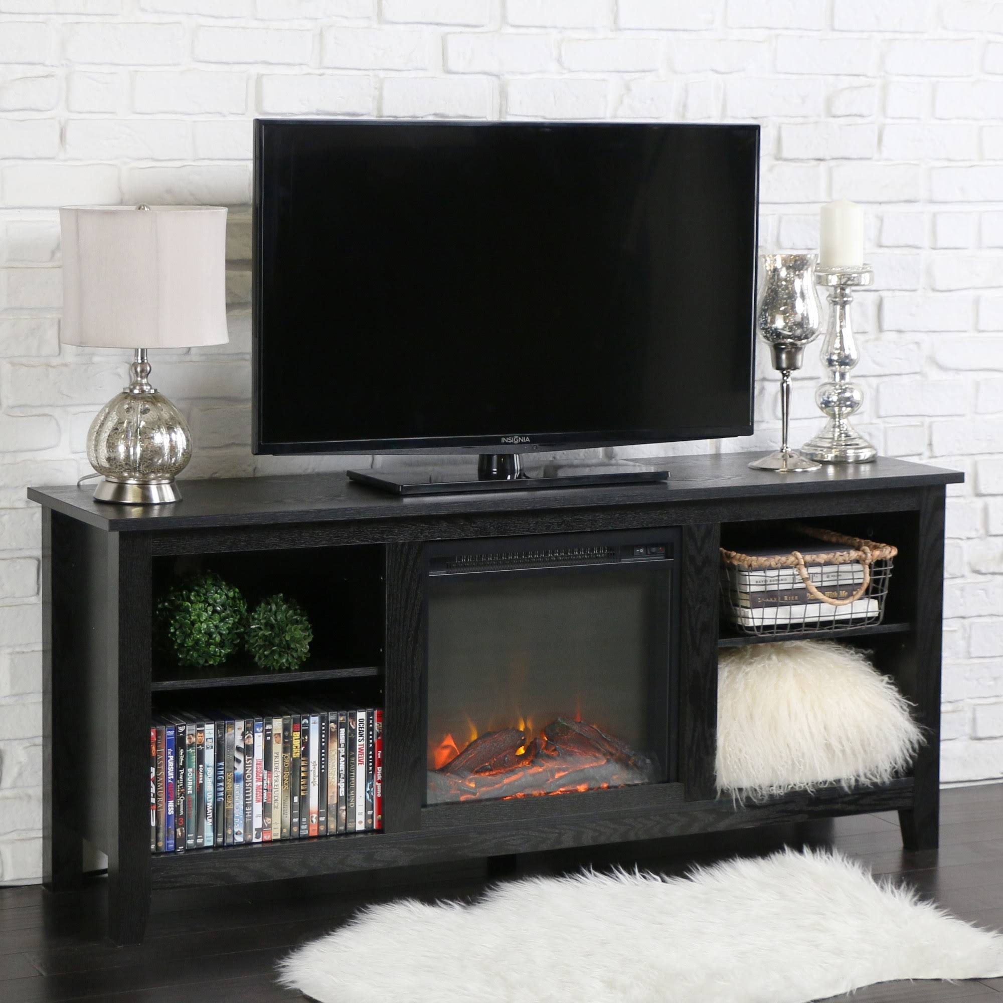 58 Wood TV Stand Console with Fireplace Black Saracina Home