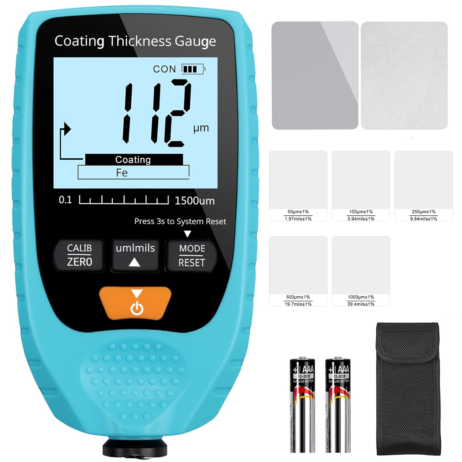 CAMWAY Paint Thickness Gauge Meter Fe/NFe Probe Coating Thickness Gauge, Automotive Car Paint Depth Gauge Test,0 to 1500um,Zero/Multi-Points Cal, Auto-Detects Attribute Substrates,LCD Backlight