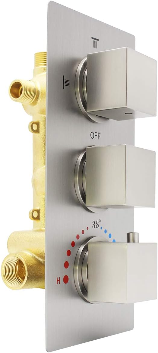 HOMEDEC Brass Concealed 3-Way Thermostatic Shower Valve Replacement with Integrated Diverter for Rain Shower, Hand Shower head and Body Spray (Square Knobs,Brushed Nickel)