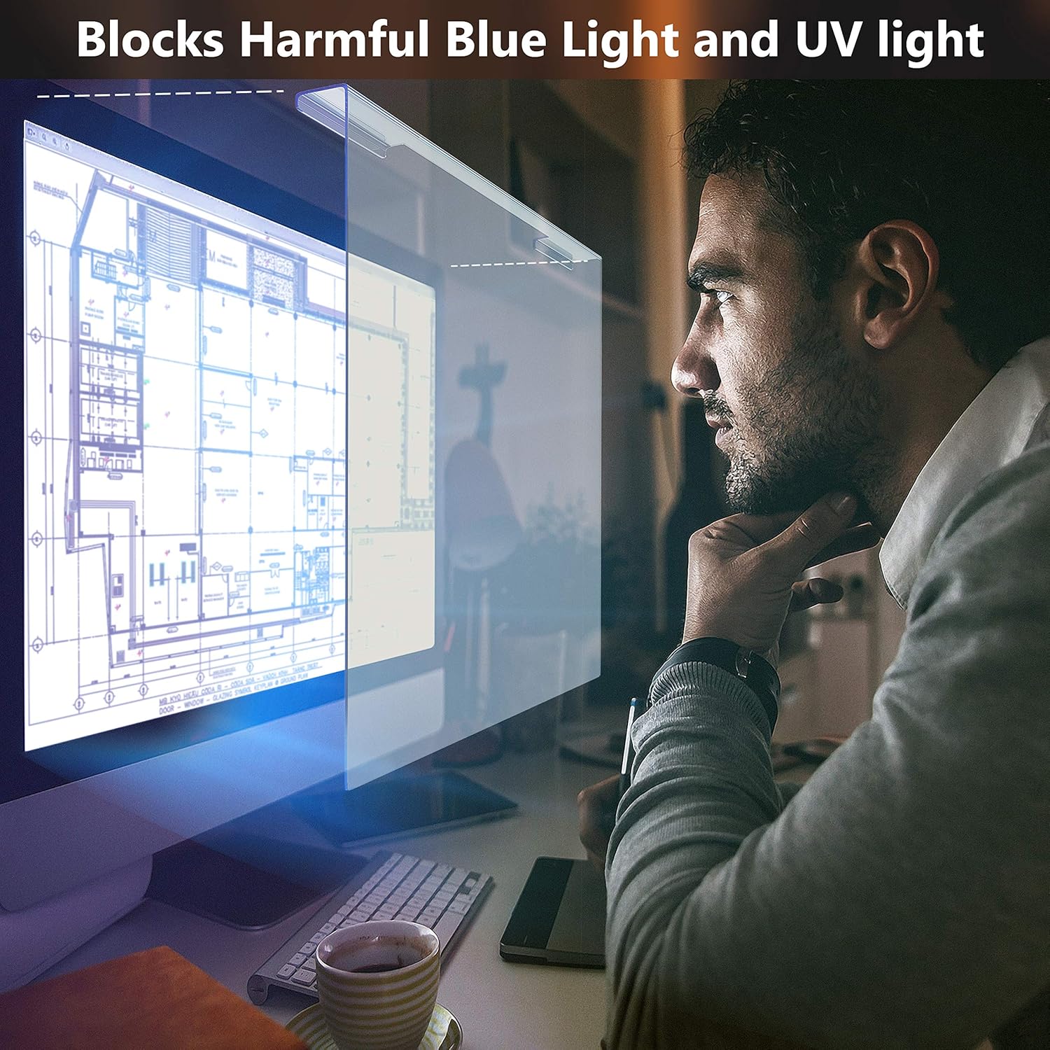 Universal Blue Light Blocking Screen Protector Panel for 23, 23.6, 23.8, 24 inch Diagonal LED PC Monitor Anti-UV Eye Protection Filter Film - Widescreen Monitor Frame Hanging Type (W 21.2