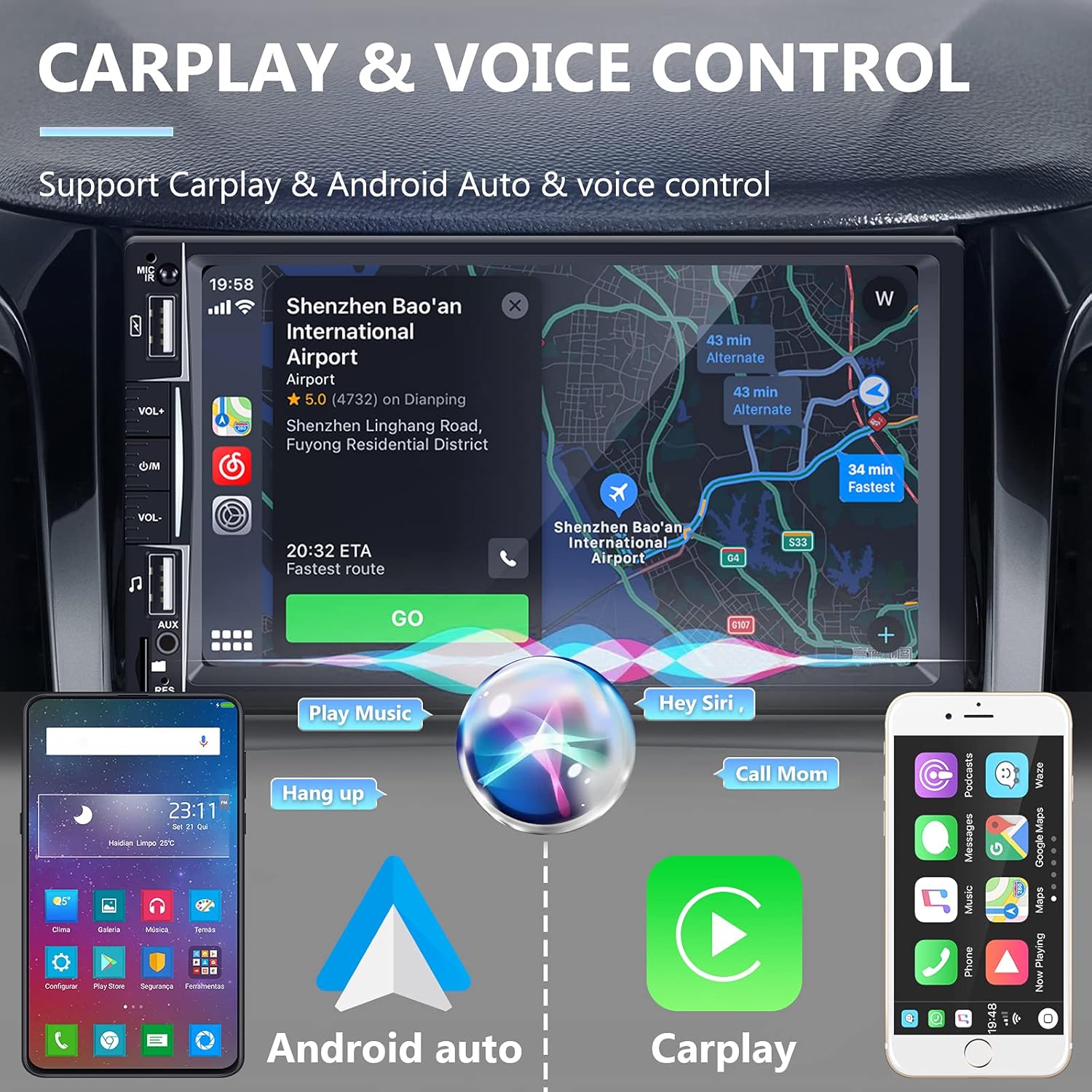 Carplay and Android Auto Double Din Car Stereo Compatible with 7&rdquo; Touchscreen Headunit AHD Backup Camera Mirror Link Bluetooth FM Radio Receiver USB/TF/AUX Steering Wheel Control