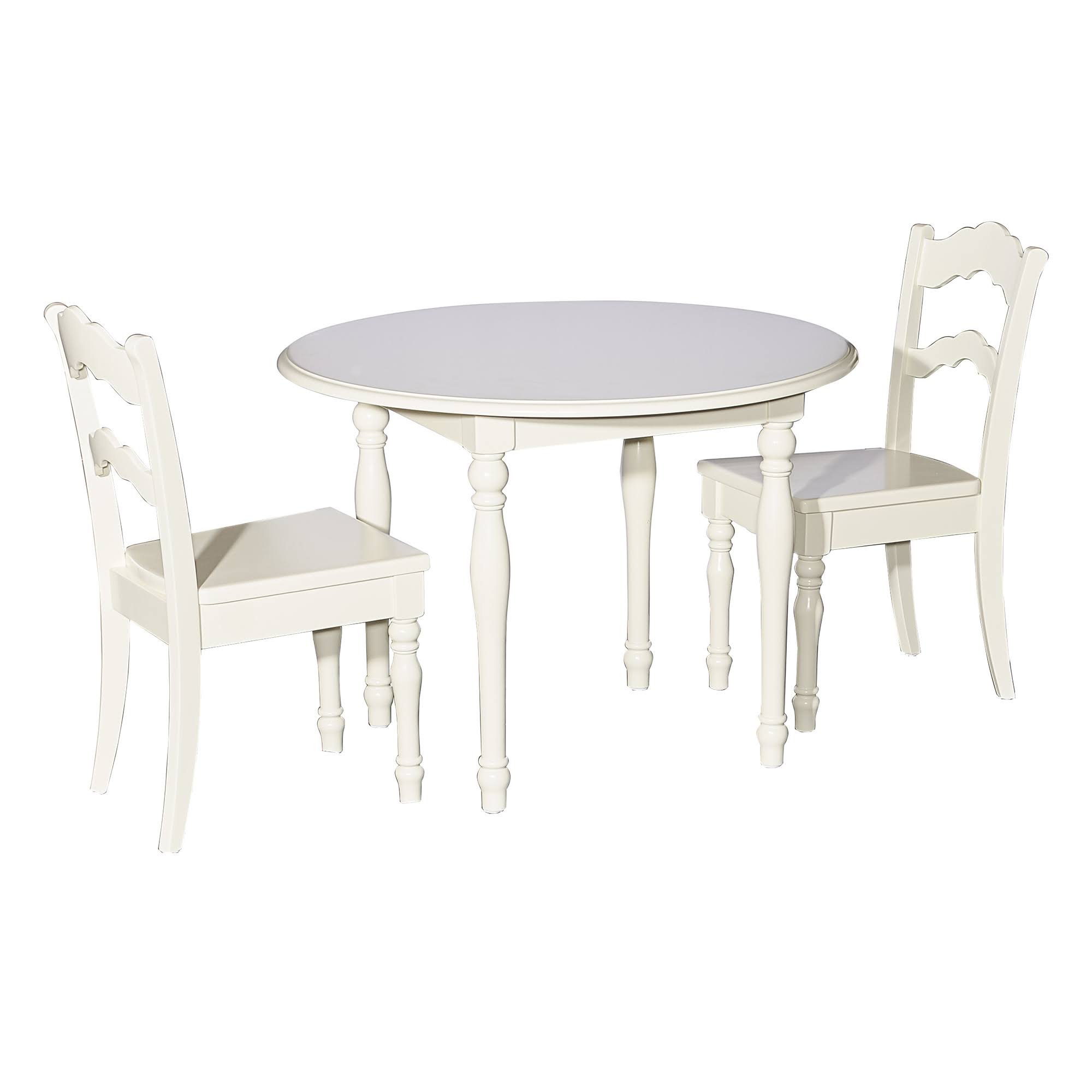 Benjara Bm215690 Wooden Youth Set with One Round Table and Two Scalloped Back Chairs, White