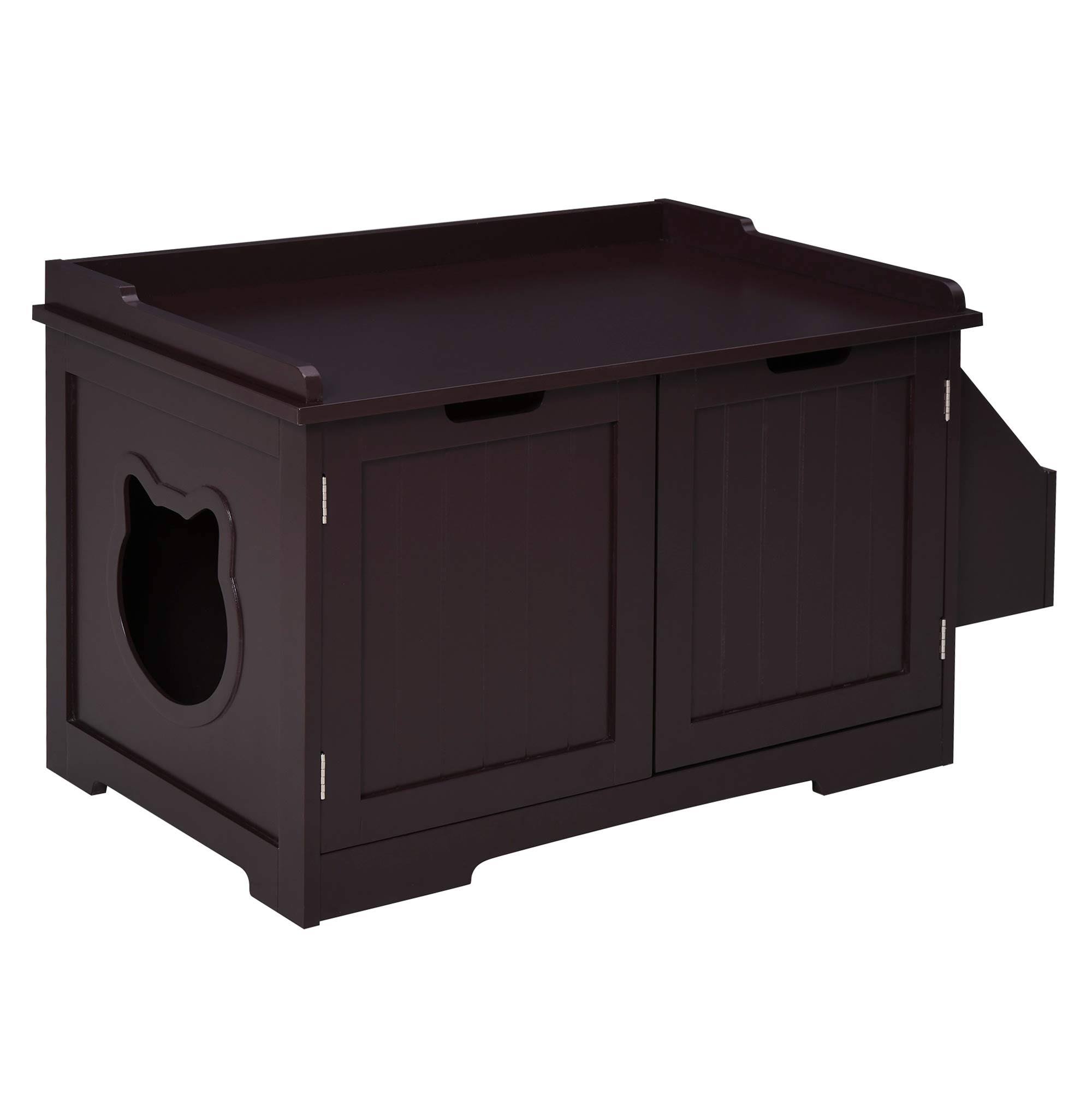 Pawhut Wooden Cat Litter Box Enclosure Kitten House with Nightstand End Table and Storage Rack Magnetic Doors - Brown