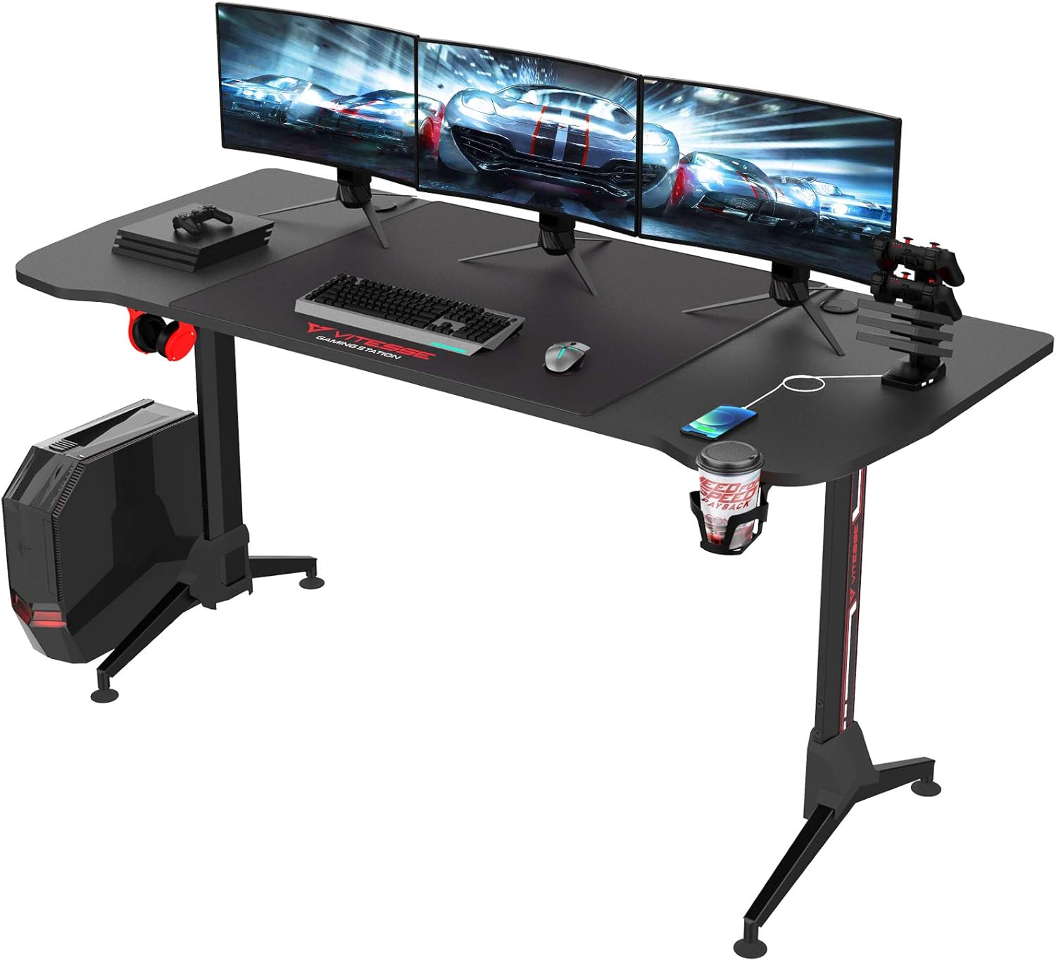 Waleaf 63 inch Height Adjustable Gaming Desk Racing Style Computer Desk with Free Mouse pad & USB Gaming Handle Rack, T-Shaped Professional Gamer Game Station with Cup Holder & Headphone Hook