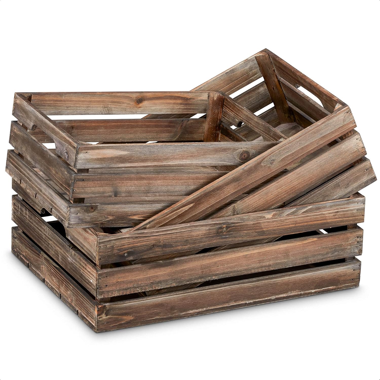 Barnyard Designs Rustic Wood Nesting Crates with Handles Decorative Farmhouse Wooden Storage Container Boxes, Set of 3, 16