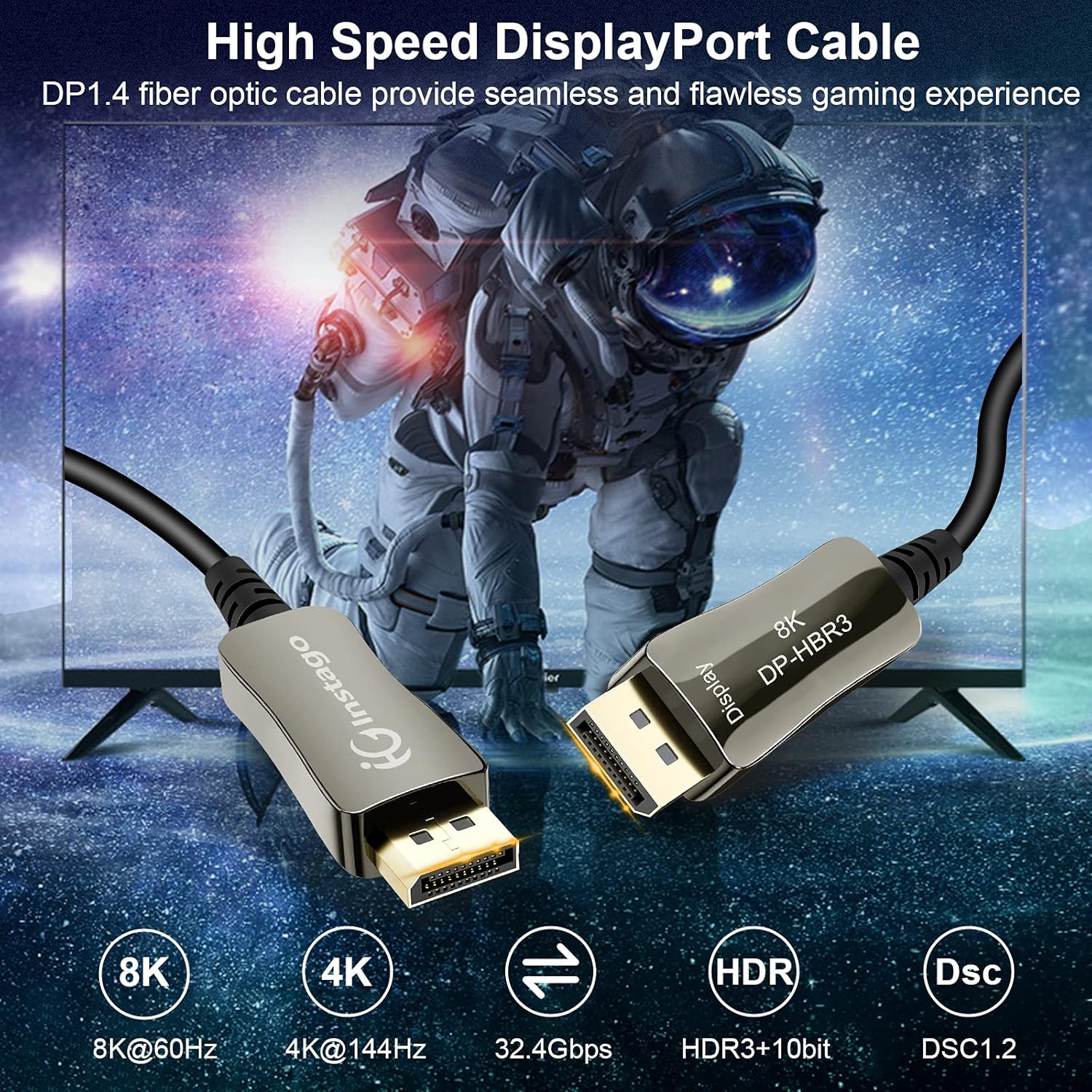 Display Port 1.4 Fiber Optic Audio Cable, 50FT DP to DP Video Cable, 32.4Gbps Support 8K/60Hz, 4K/144Hz, HBR3 DisplayPort for Laptop/PC/TV/Projector/Gaming Monitor. Pack of 2