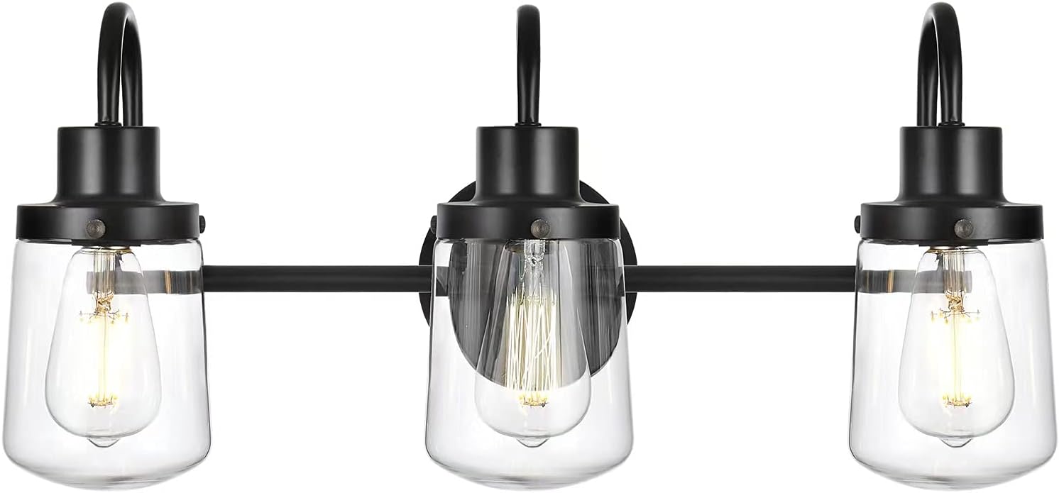 YAOHONG 3-Lights Farmhouse Lamp, Modern Bathroom Vanity Light in Black, Farmhouse Wall Light Fixture with Clear Glass Shades, Indoor Wall Lamp