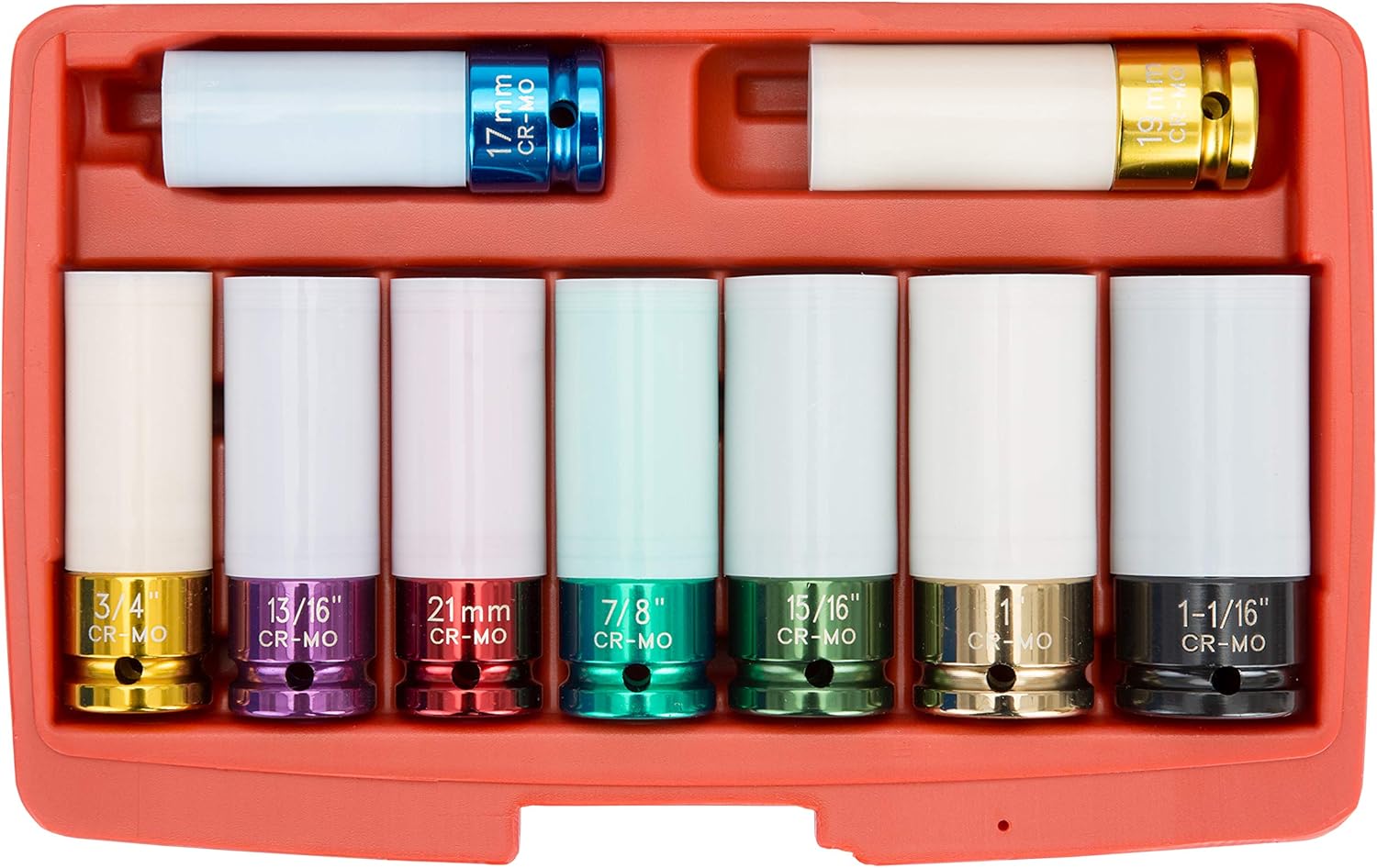 OEMTOOLS 24224 Wheel Protector Extra Thin Wall Impact Socket Set, 1/2 Drive, 9 Piece | Won&rsquo;t Scratch Wheels or Lug Nuts | Color Coded Sockets, Easy to Find | 6 SAE & 3 Metric Sockets | Carrying Case