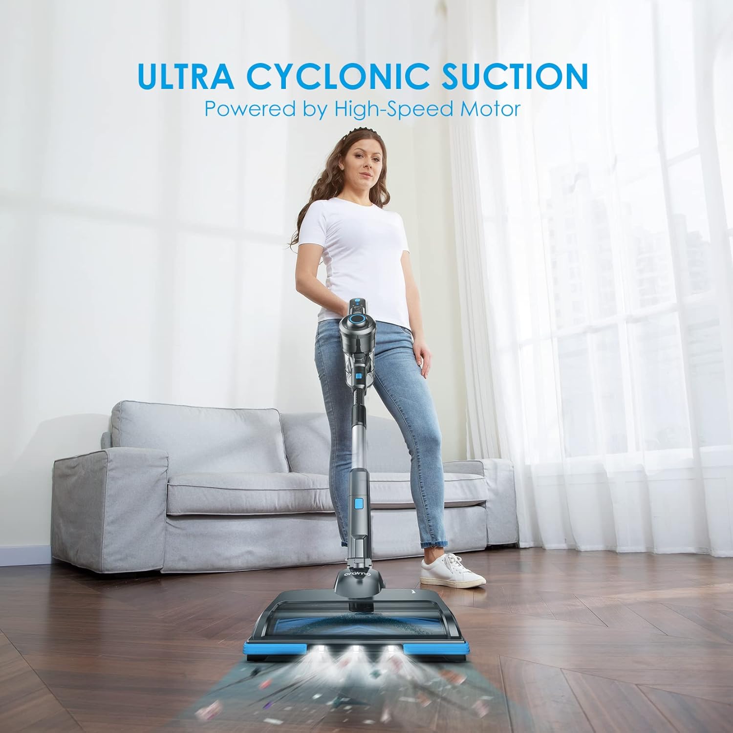 Oraimo Stick Vacuum, Cordless Vacuum Cleaner with Self-Standing, Cordless Stick Vacuum with 35 Mins Runtime Detachable Battery, 4 in 1 Lightweight Vacuum with LED for Hardwood Floor Carpet Marble Tile