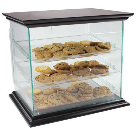 Acrylic Food Display Case with (3) Plastic Removable Trays, Wood Base