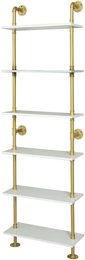 ZIOTHUM 6 Tier Gold Bookshelf, White and Gold Shelves, Modern Shelves Shelf Bookcase Metal Mid Century Open Industrial Wall Mount Accents Decor Retail Shelving Vertical for Living Room