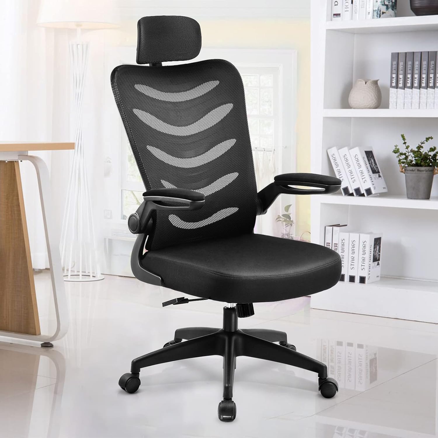 ComHoma Office Chair Ergonomic High Back Executive Adjustable Mesh Computer Chair with Flip-Up Armrests Adjustable Headrest Black,