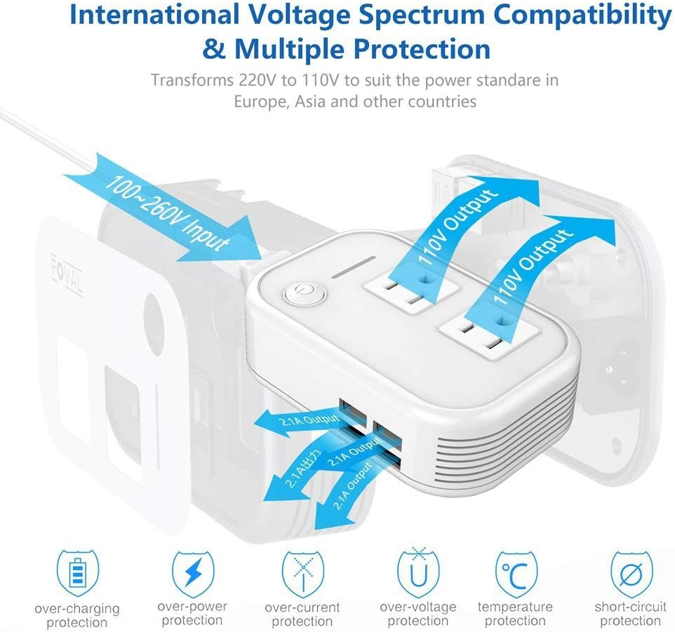 FOVAL International Travel Adapter Power Step Down 220v to 110v Voltage Converter with 4-port USB in UK European Italy Asia more than 150 Countries over the World Pack of 2