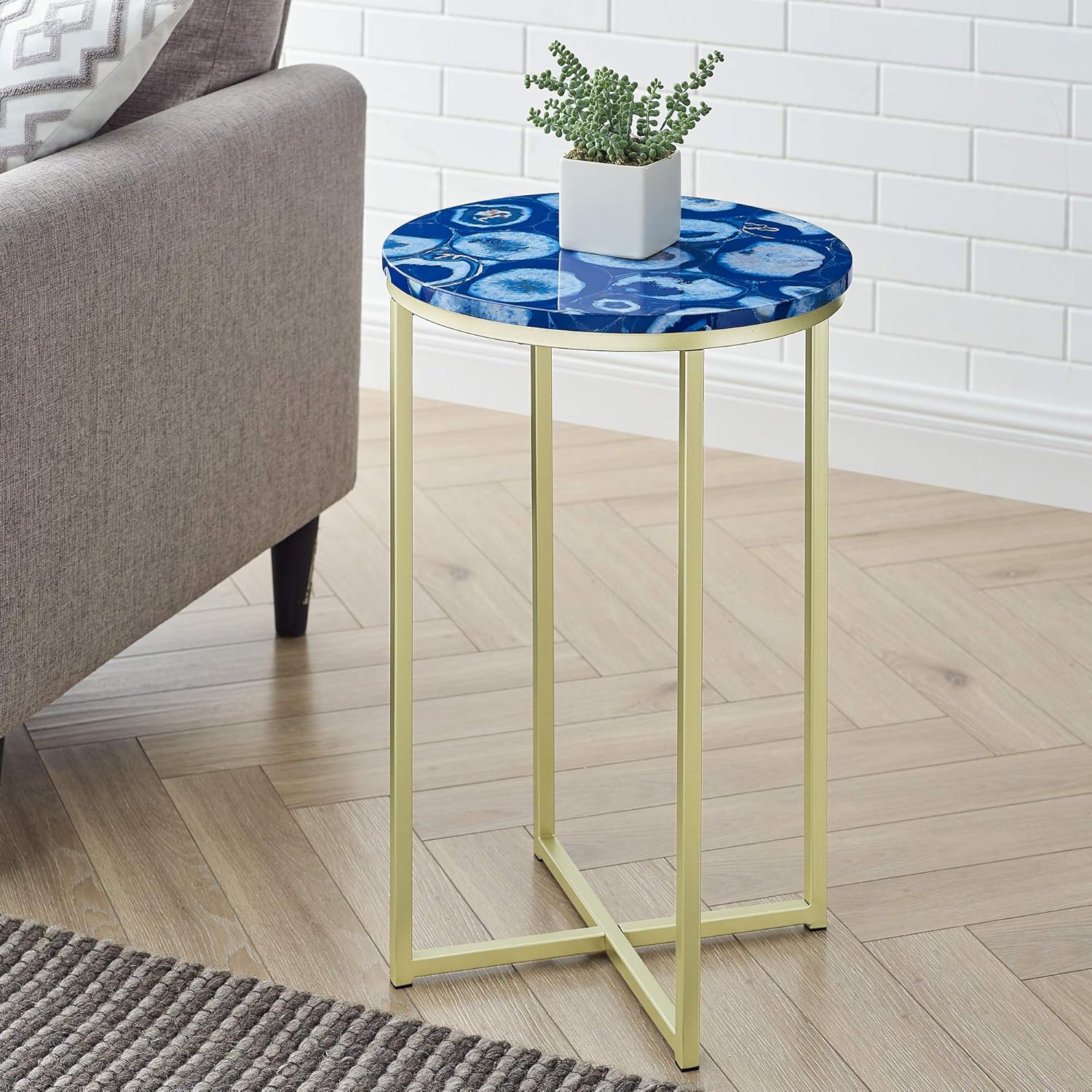 Walker Edison Modern Metal and Marble Round Side Accent Table Living Room Storage Small End Table, 16 Inch, Blacke Agate and Gold