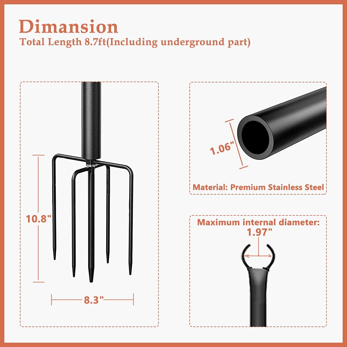 YOKWOK Outdoor String Light Pole, 8ft Sturdy Backyard Poles for String Lights, Outside Metal String Lights Pole Stand with 5-Prong Fork for Patio, Yard, Garden, Wedding and Party, 4 Pack