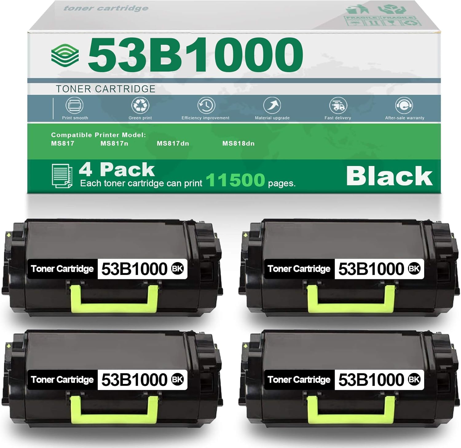 4 Pack Black Compatible 53B1000 High Yield Remanufactured Toner Cartridge Replacement for Lexmark MS817 MS817n MS817dn MS818dn Printer.