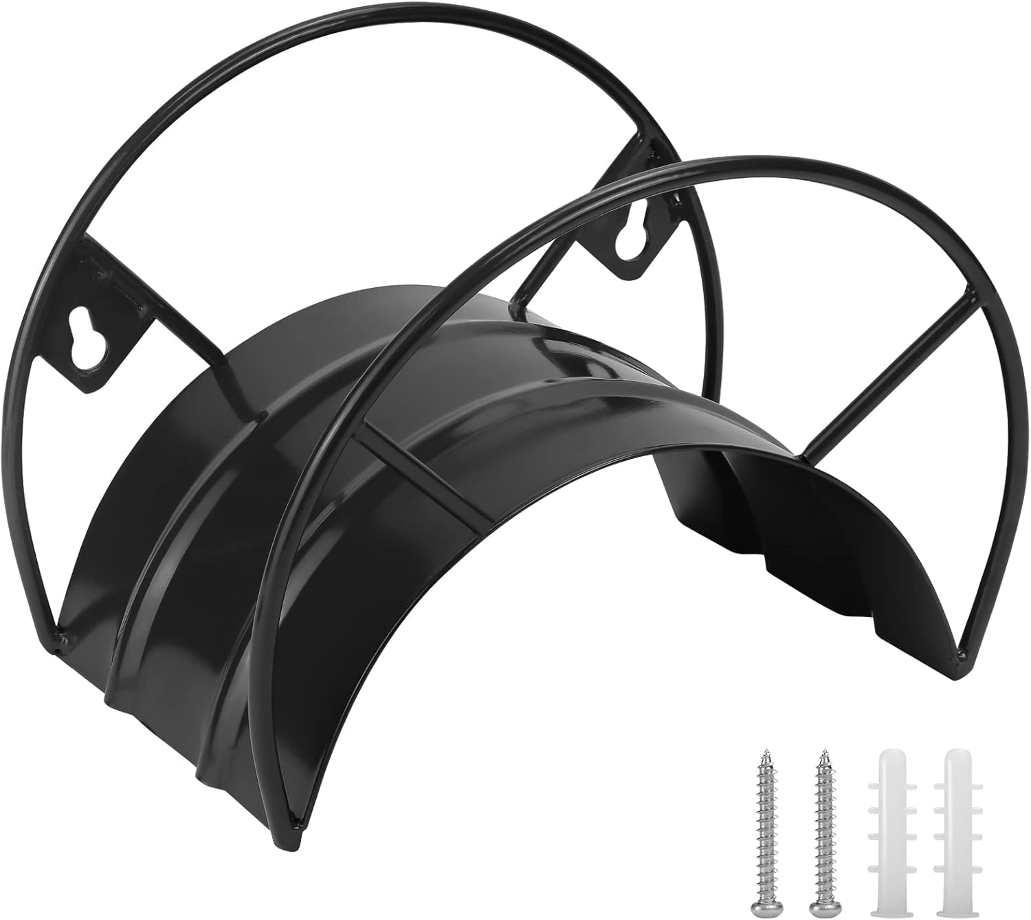 Garden Hose Holder Wall Mount, Solid Metal Water Hose Holder Easily Holds Up 150FT, Heavy Duty and Rust-Proof Hose Holders for Outside Yard, Easy Installation Hose Hanger with Hardwares, Black