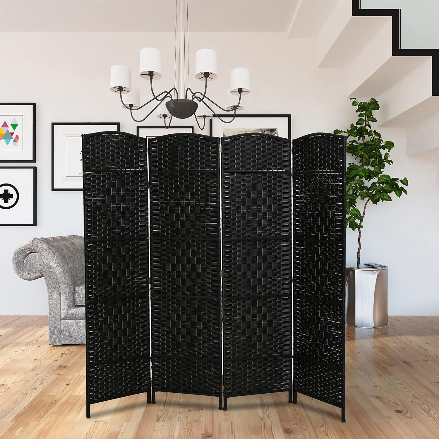 ECOMEX 4 Panel Wood Room Divider, 5.8ft Tall Folding Privacy Screen Room Partition, Freestanding Portable Room Separator Temporary Wall Divider(Black)
