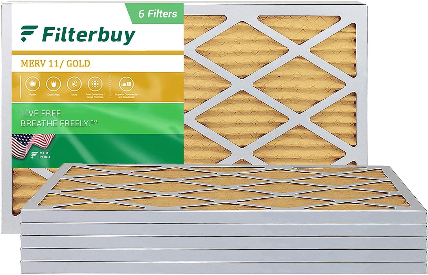 Filterbuy 12x20x1 Air Filter MERV 11, Pleated HVAC AC Furnace Filters (6-Pack, Gold)