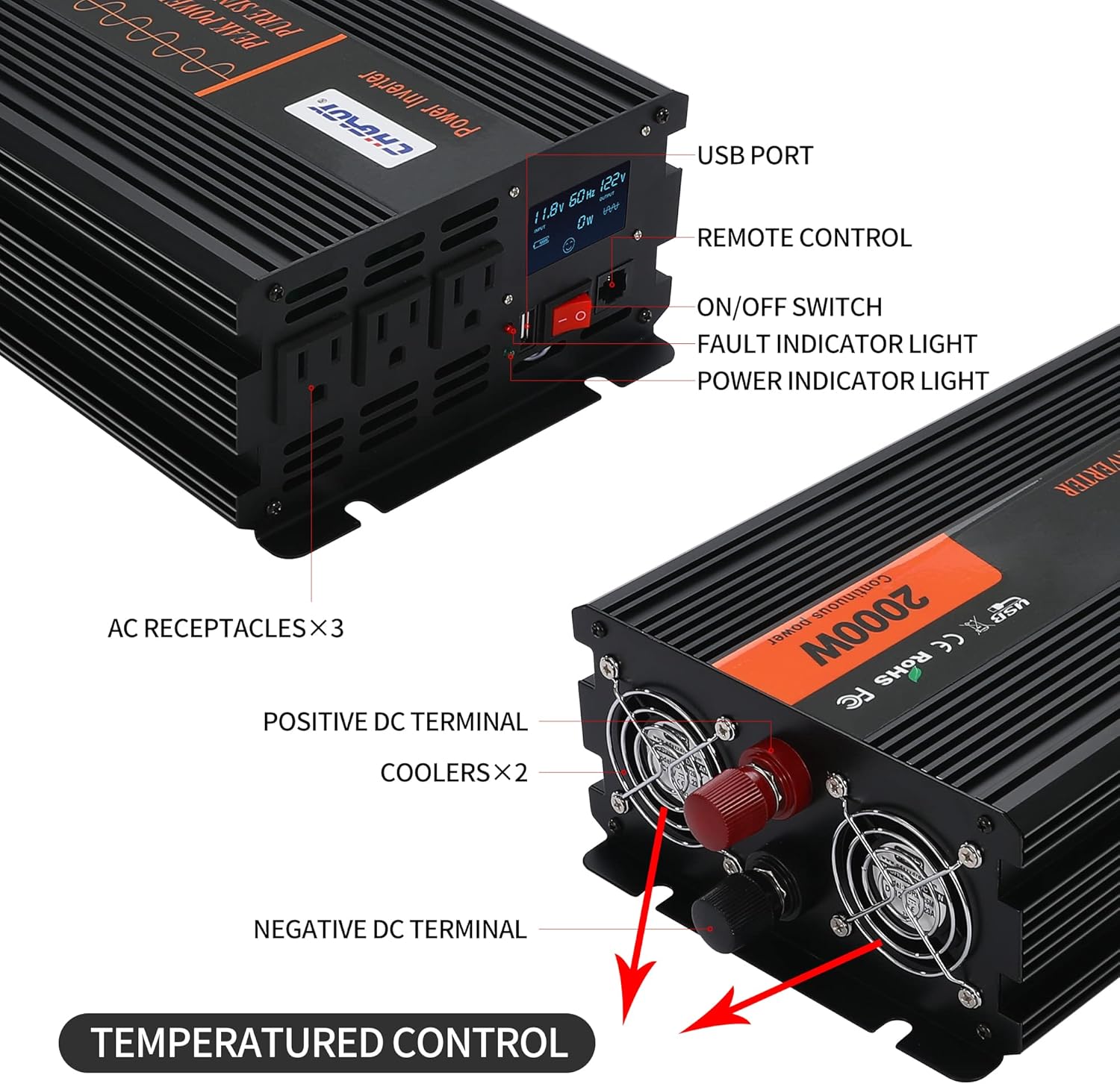 Power Inverter, 2000W Pure Sine Wave Inverter DC 12V to AC 120V Car Inverter with LCD Digital Display Remote Control USB Port Power Converter for Camping/Traveling