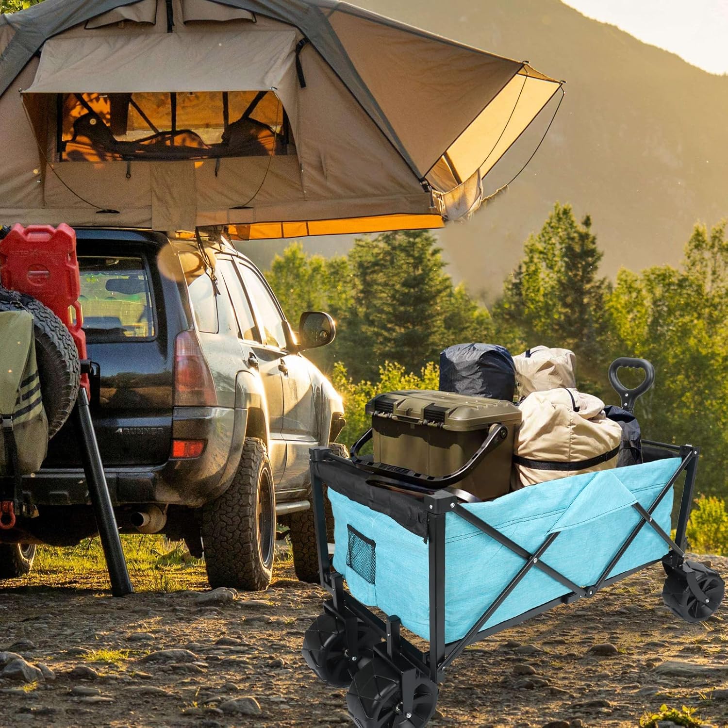 Folding Wagon Cart, Portable Large Capacity Beach Wagon, Heavy Duty Utility Collapsible Wagon with All-Terrain Wheels, Outdoor Garden Cart Foldable Wagon for Sports, Shopping, Camping