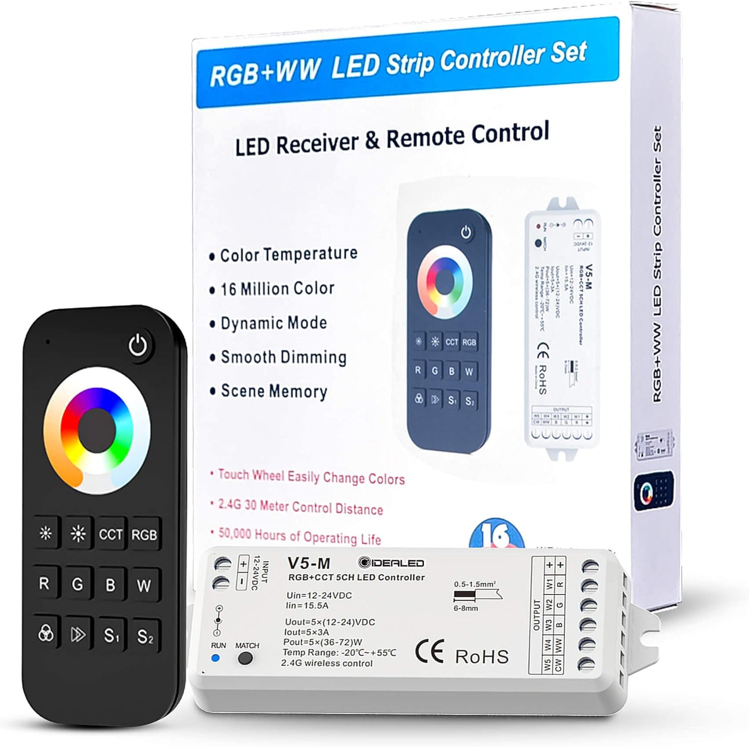 GIDEALED 2.4G Wireless 5 Channel LED Controller with RF Remote Control, Dimming 5 in 1 LED Strip Controller for RGBW RGBWW RGB CCT Light Strips Color Chaning DC12V-24V Pack of 2