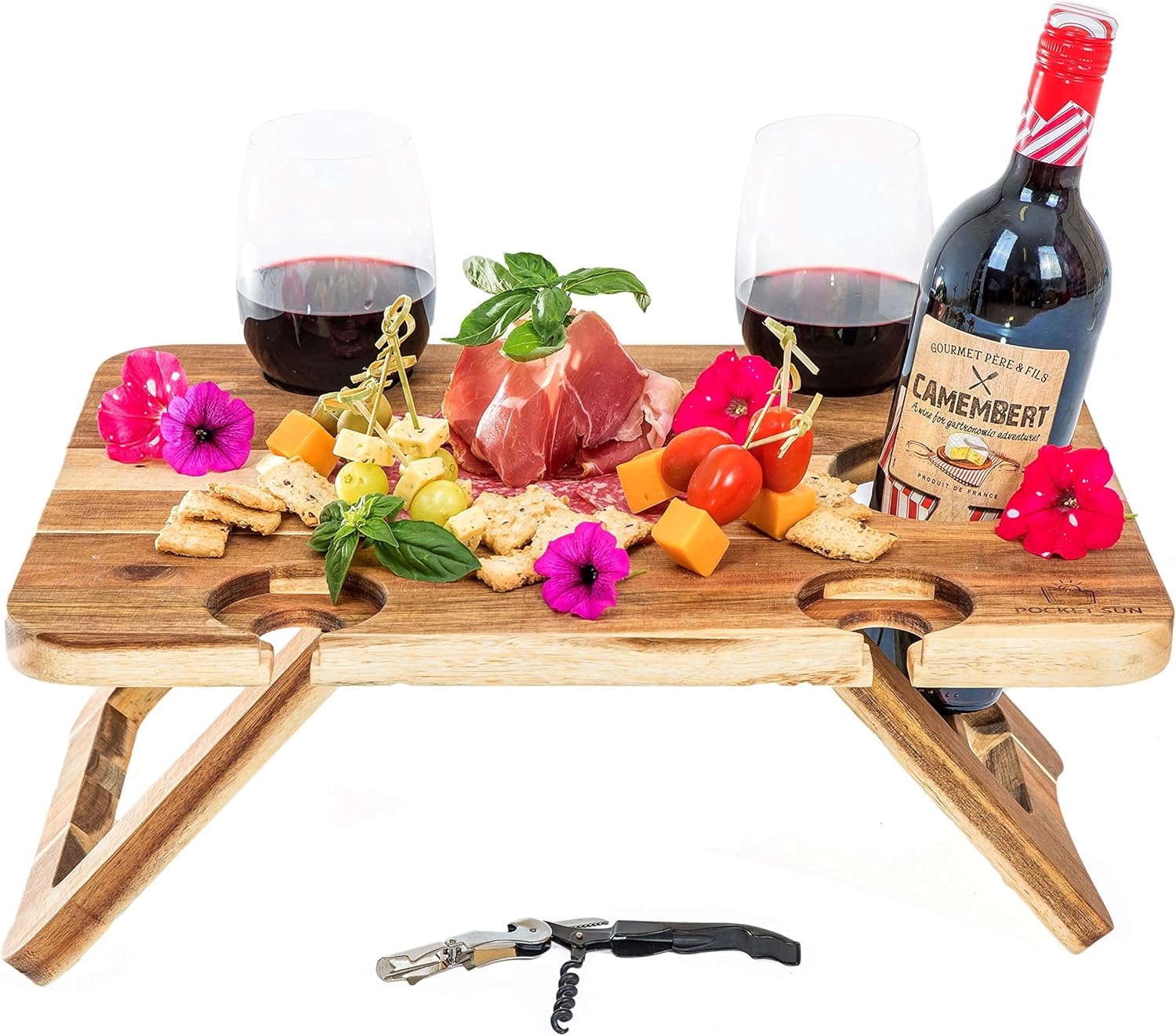 Pocket Sun Portable Wine Picnic Table, Premium Acacia Wood not Bamboo, Foldable Great for Camping, Beach, Park. Versatile Glass Holders, Champagne Bottle Hole. Perfect Romantic Gift, Snack Tray Pack of 2