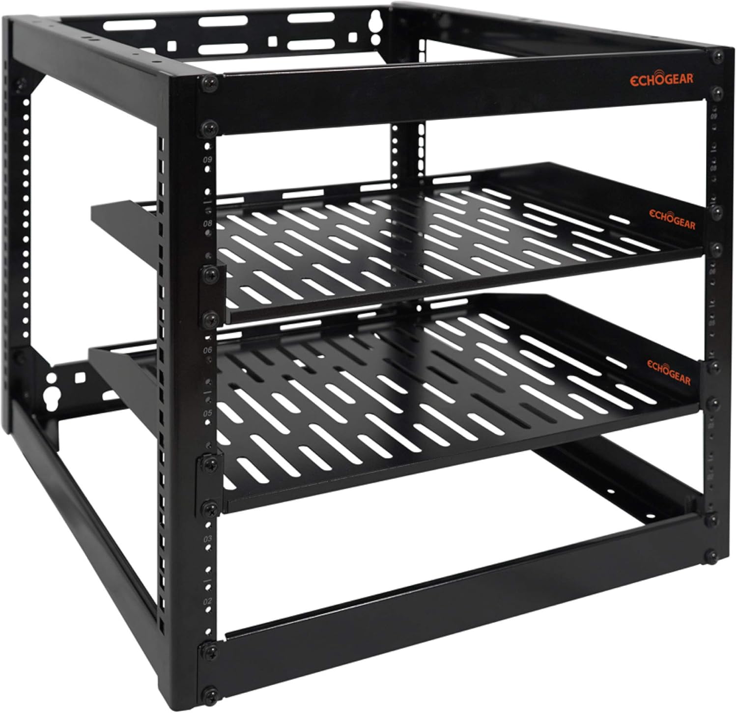 ECHOGEAR 10U Open Frame Rack - Wall Mountable Heavy Duty 4 Post Design Holds All Your Networking & AV Gear - Includes 2 1U Vented Shelves & Mounting Hardware