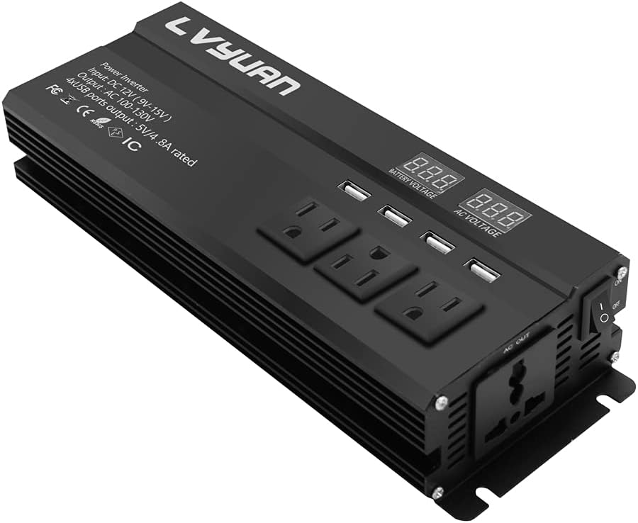 Cantonape 1000W/2000W(Surge) Car Power Inverter DC 12V to 110V AC with 4 Outlets, 4 USB Ports and Input/Output LED Display (1000W-RED) Pack of 2