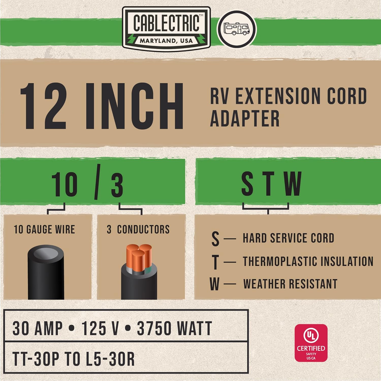 Cablectric 30 Amp Male to 30 Amp Locking RV Adapter Electrical Power Cord, 12 Inch - 10/3 STW L5-30P to TT-30R, Yellow and Black