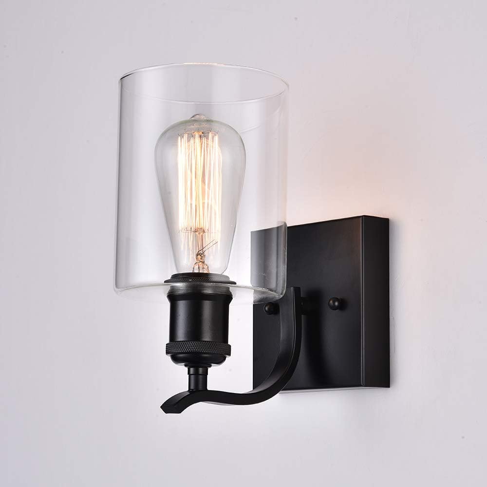Cuaulans Farmhouse Modern Industrial Clear Glass Black Set of Two Wall Sconces,Vanity Wall Light Fixtures for Bathroom Bedroom Living Room Hallway Wall Mount