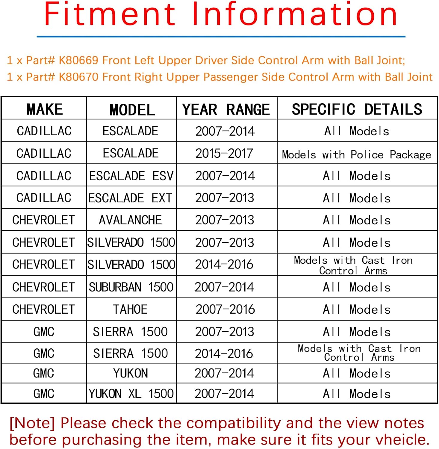 Titaniarm 2PCS Pair Front Left & Right Upper Control Arms w/Ball Joint fits for Cadillac Escalade;Avalanche;Silverado 1500;Suburban 1500;Tahoe;GMC Sierra 1500;GMC Yukon Base; GMC Yukon XL1500