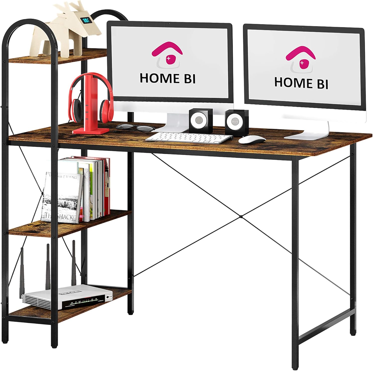 HOME BI Computer Desk with Shelves,47 Inch Home Office Study Writing Desk with Storage Shelf,Wood Work-Station PC Laptop Table with 4-Tier Adjustable Bookshelves,Student Corner Desk for Small Space