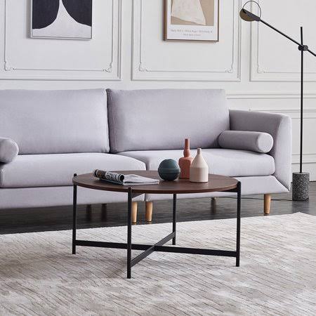 Hommoo Contemporary Round Metal Coffee Table, Brown/Black