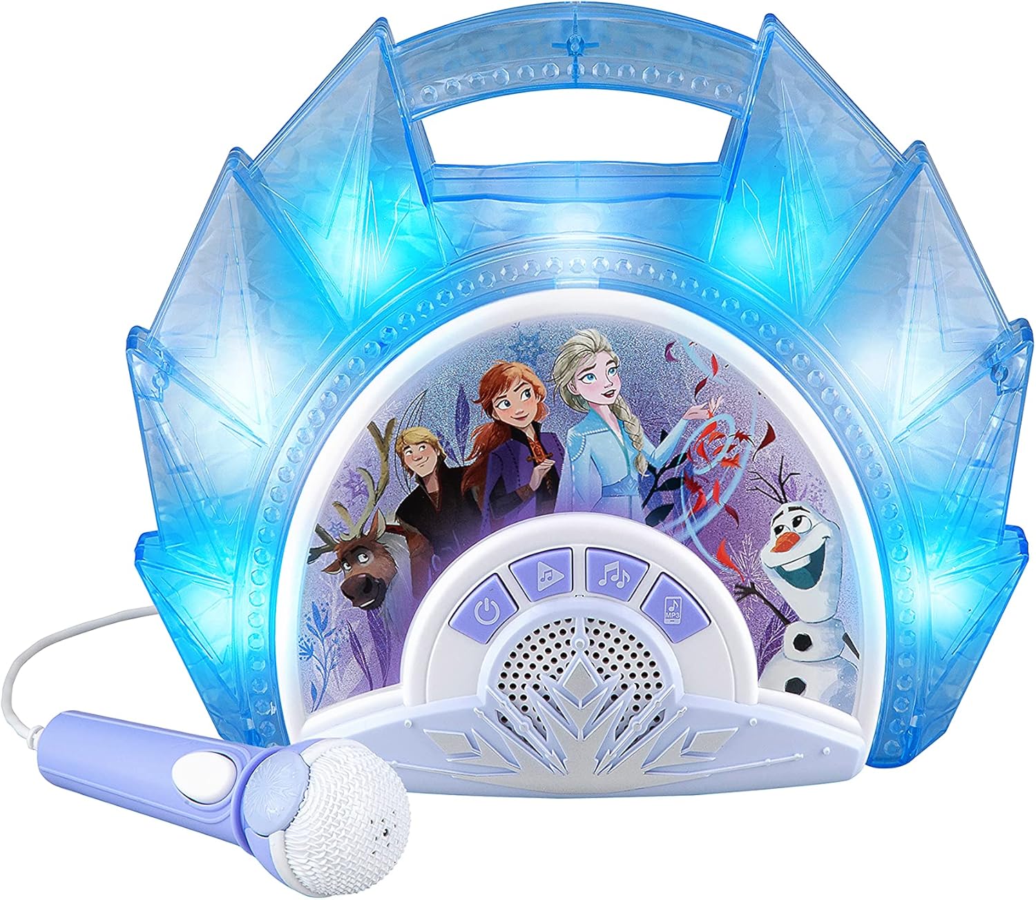 eKids Frozen Sing Along Boom Box Speaker with Microphone for Fans of Frozen Toys for Girls, Kids Karaoke Machine with Built in Music and Flashing Lights , Blue, 3.5mm Audio Jack