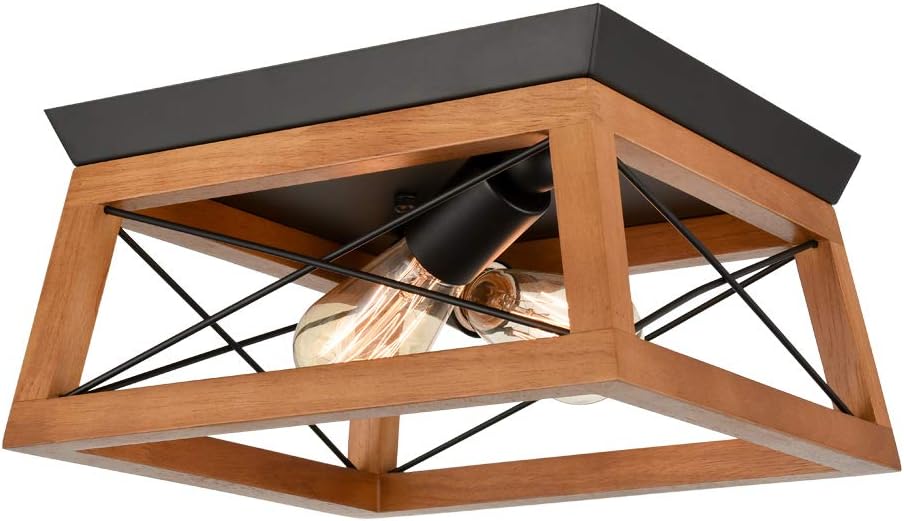 Rustic Black Flush Mount Ceiling Light Wood Shade Farmhouse Ceiling Light Fixture