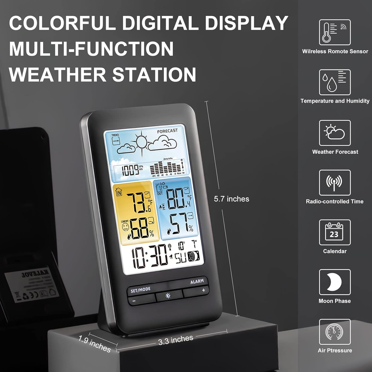 Weather Stations Indoor Outdoor Thermometer Wireless Color Display Temperature Humidity Monitor with Atomic Clock and Adjustable Backlight, Weather Thermometers with Forecast and Moon Phase