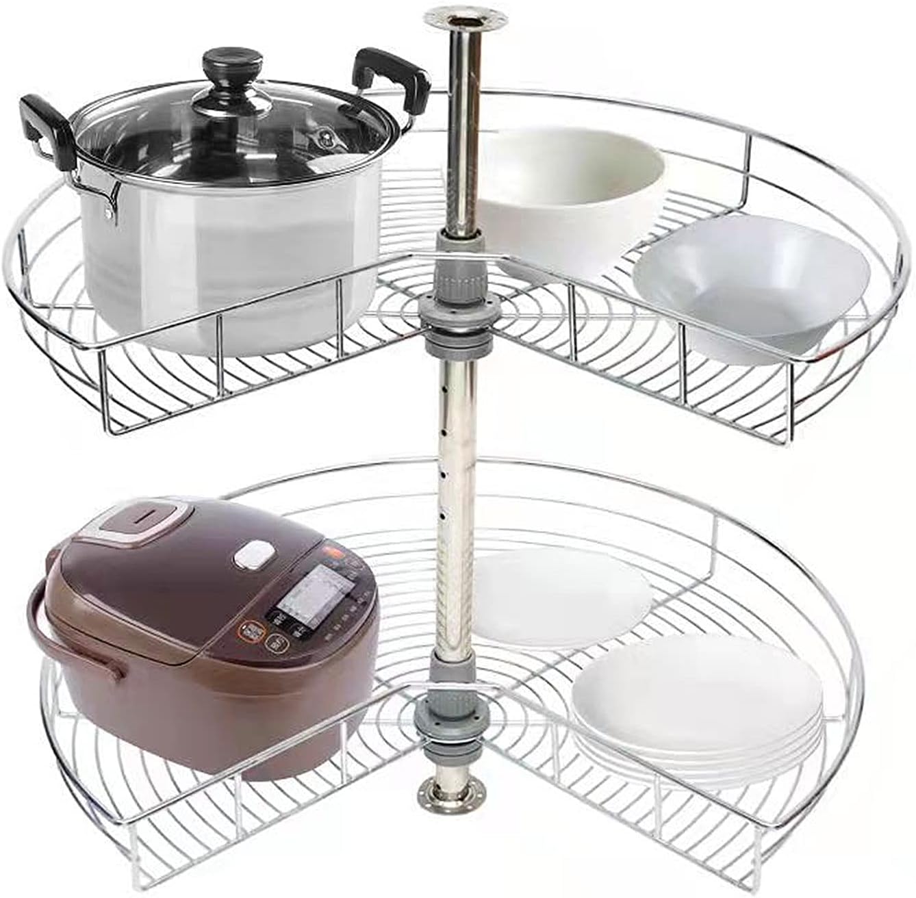 Erinaik 28'' Kidney Lazy Susan 2 Tier Lazy Susan Rack Adjustable Kitchen Base Cabinet Blind Corner Organizer Home Storage Lazy Susan Corner Shelf Stainless Steel (Silver)