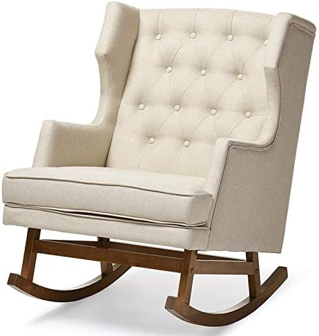 Pemberly Row Tufted Wingback Rocker in Light Beige and Walnut