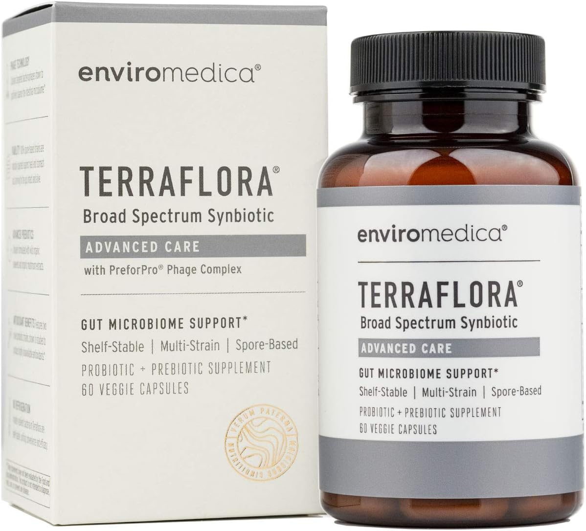 Enviromedica Terraflora Advanced Care SBO Probiotic + Prebiotic Supplement - a Soil Based Shelf Stable Bacillus Spore Synbiotic with Patented PreforPro Phage Complex (60ct) Pack of 2